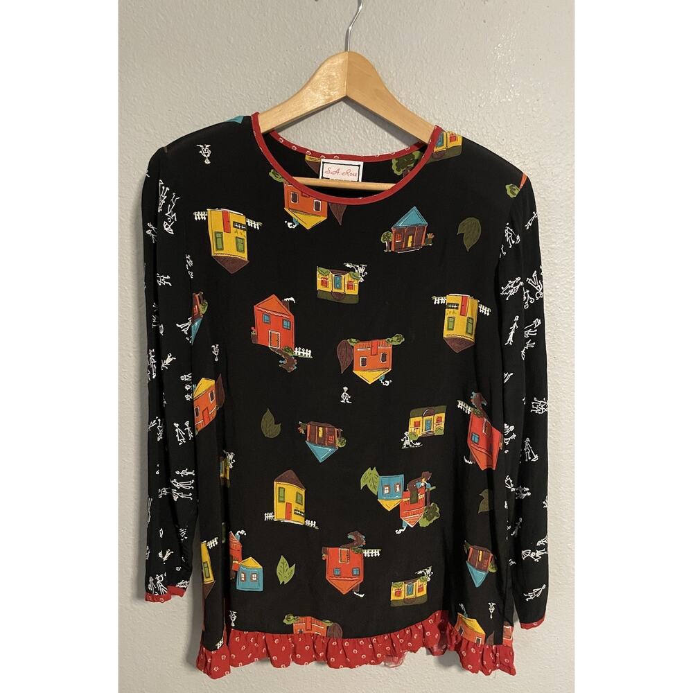 Vintage SA Rose San Antonio Texas Womens Top Medium Black House Print Artsy READ